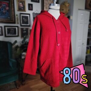 Nek Red Wool Sweater Vintage 80s Hooded Button Front Pullover Jacket Women‎ M